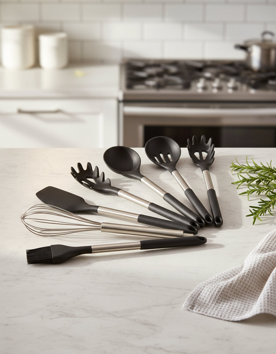 Zestaw Narzędzi Kuchennych Silikonowych – Beżowy, Nordic Design z 11 Elementami do Gotowania i Serwowania