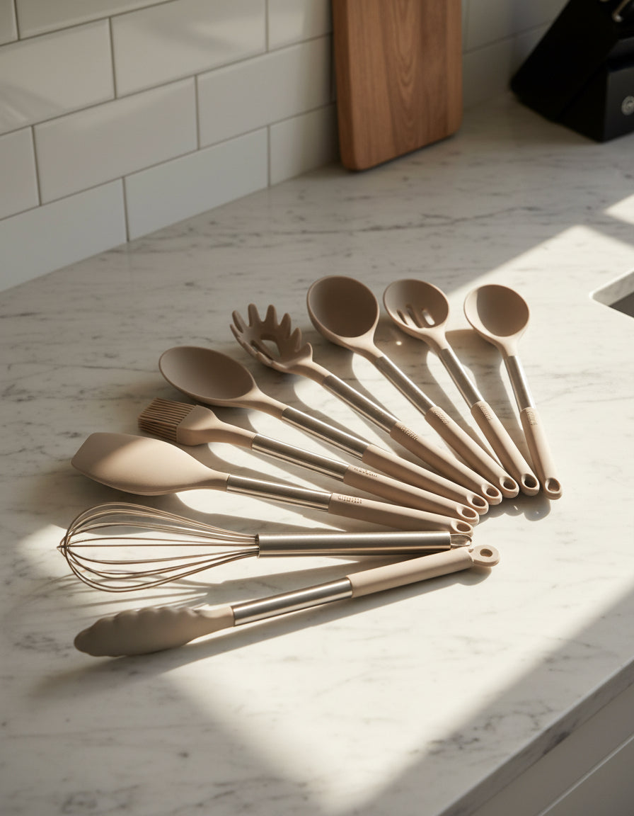 Zestaw Narzędzi Kuchennych Silikonowych – Beżowy, Nordic Design z 11 Elementami do Gotowania i Serwowania