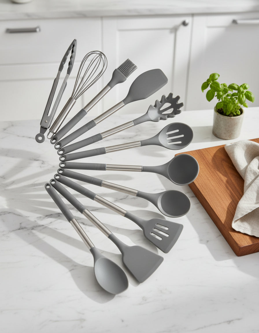 Zestaw Narzędzi Kuchennych Silikonowych – Beżowy, Nordic Design z 11 Elementami do Gotowania i Serwowania