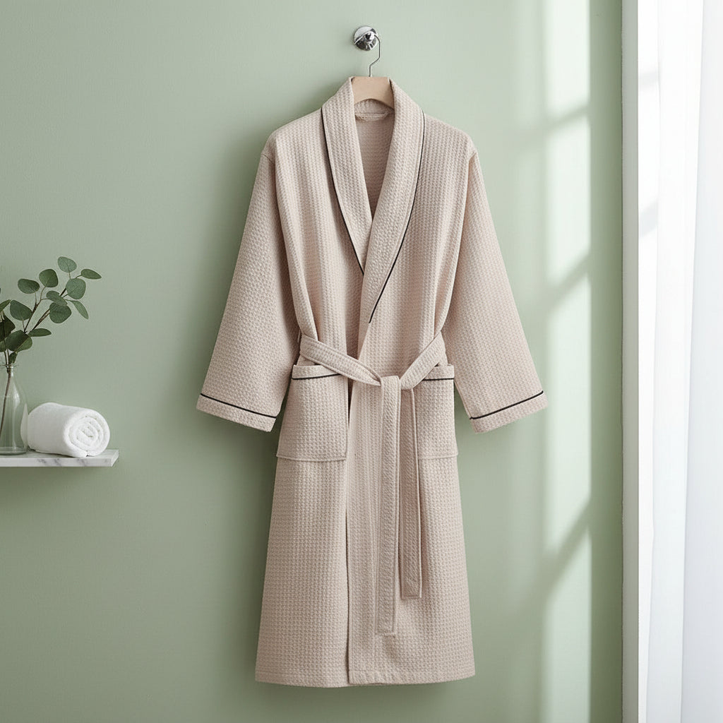 Szlafrok Waflowy – 100% Bawełna, Beżowy, Komfortowy Design do Użytku Domowego lub Wellness
