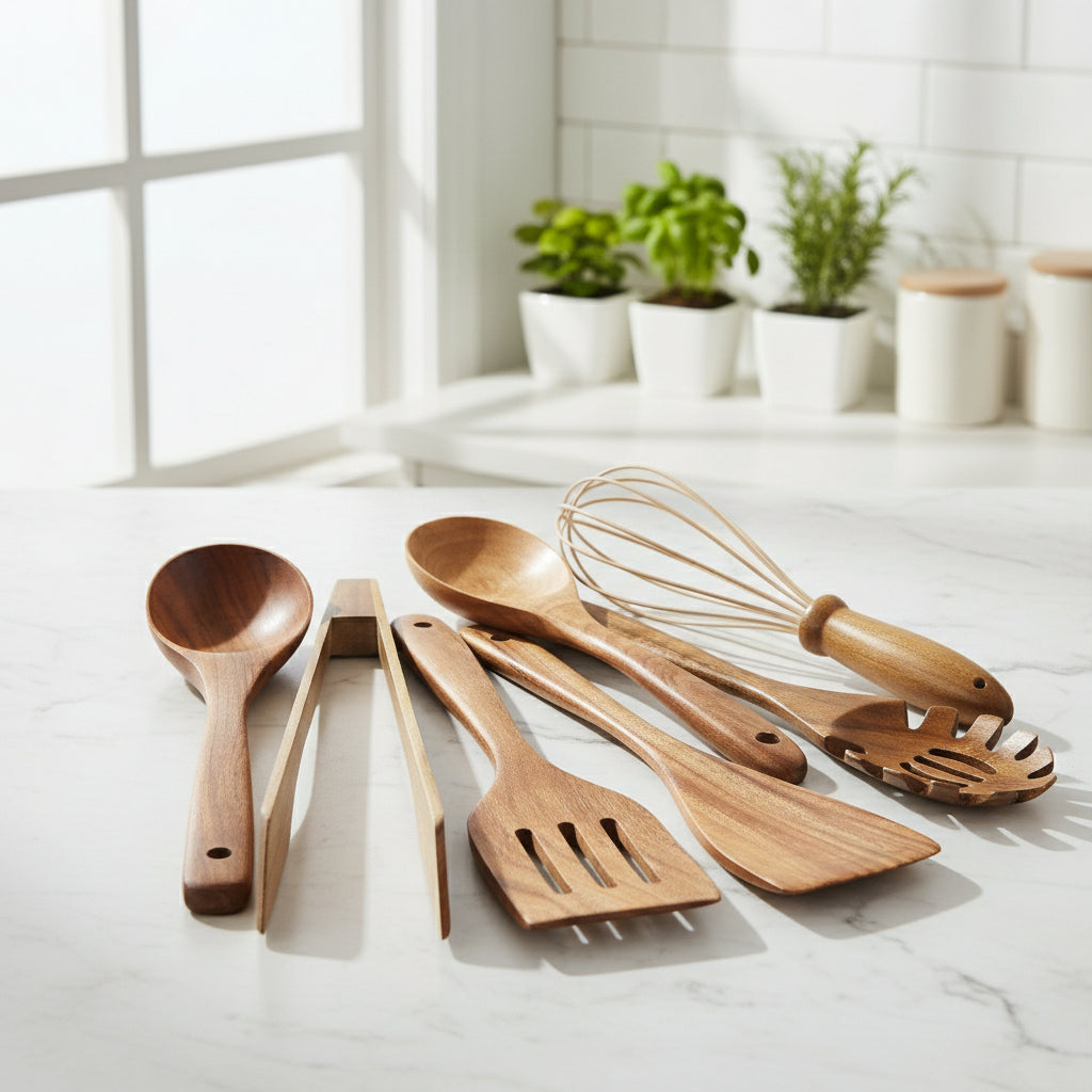 Zestaw Drewnianych Narzędzi Kuchennych – 7-elementowy, Naturalne Odcienie do Gotowania i Pieczenia w Kuchni