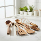 Zestaw Drewnianych Narzędzi Kuchennych – 7-elementowy, Naturalne Odcienie do Gotowania i Pieczenia w Kuchni