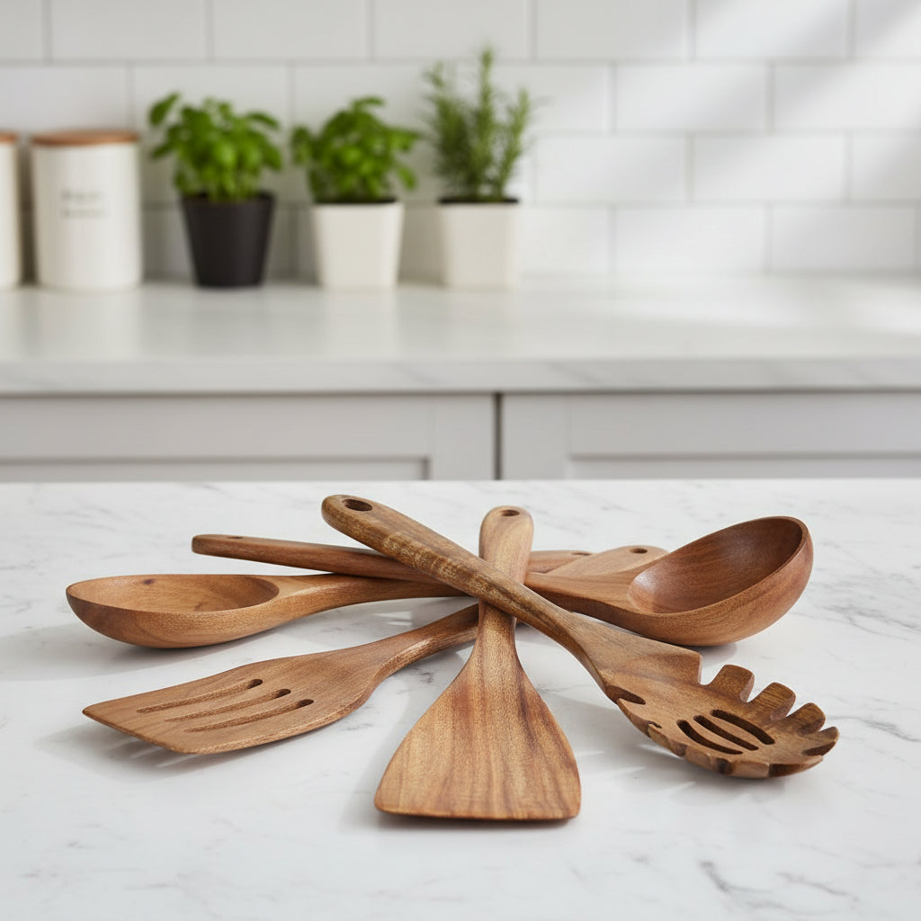 Zestaw Drewnianych Narzędzi Kuchennych – 7-elementowy, Naturalne Odcienie do Gotowania i Pieczenia w Kuchni