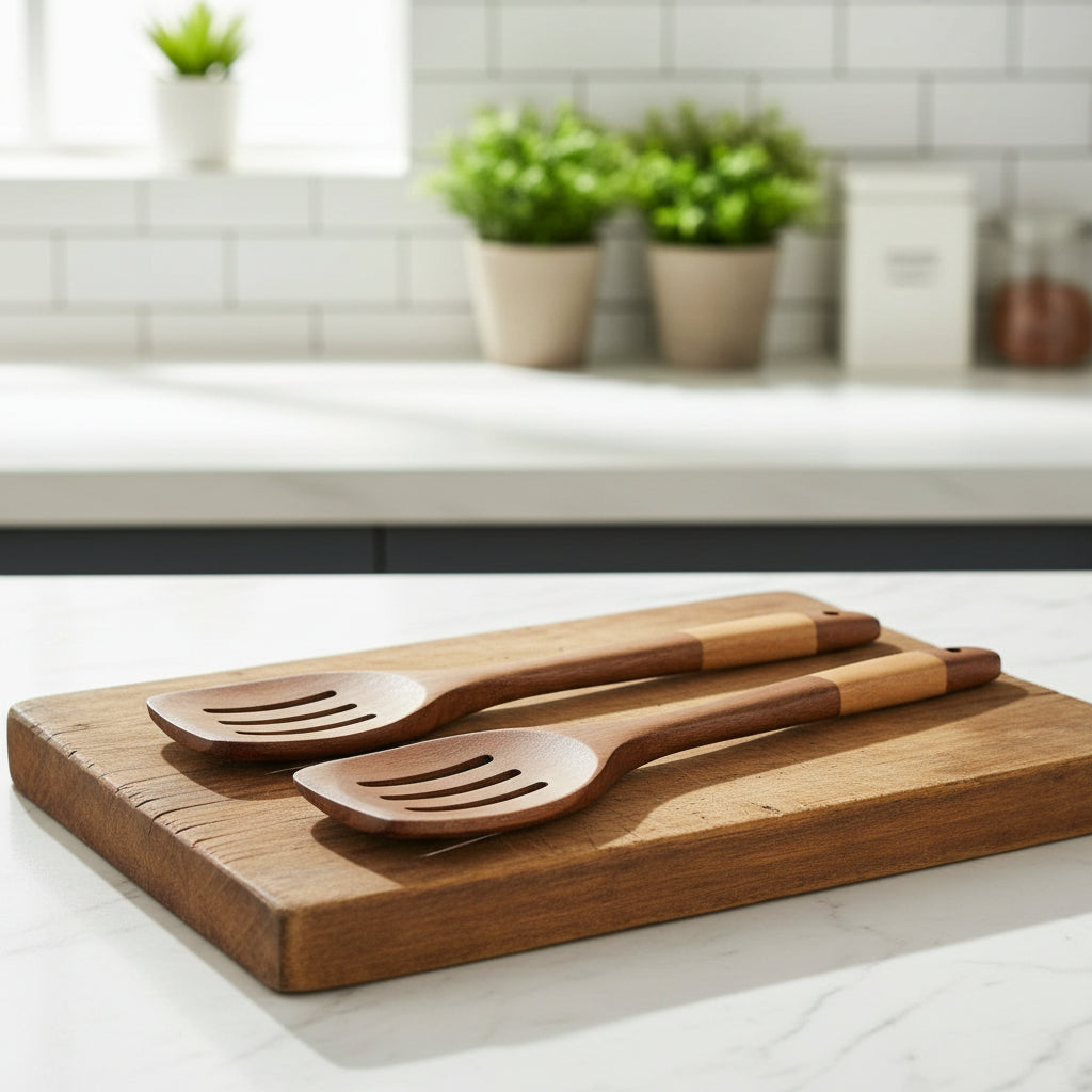 Zestaw Drewnianych Narzędzi Kuchennych – 7-elementowy, Naturalne Odcienie do Gotowania i Pieczenia w Kuchni