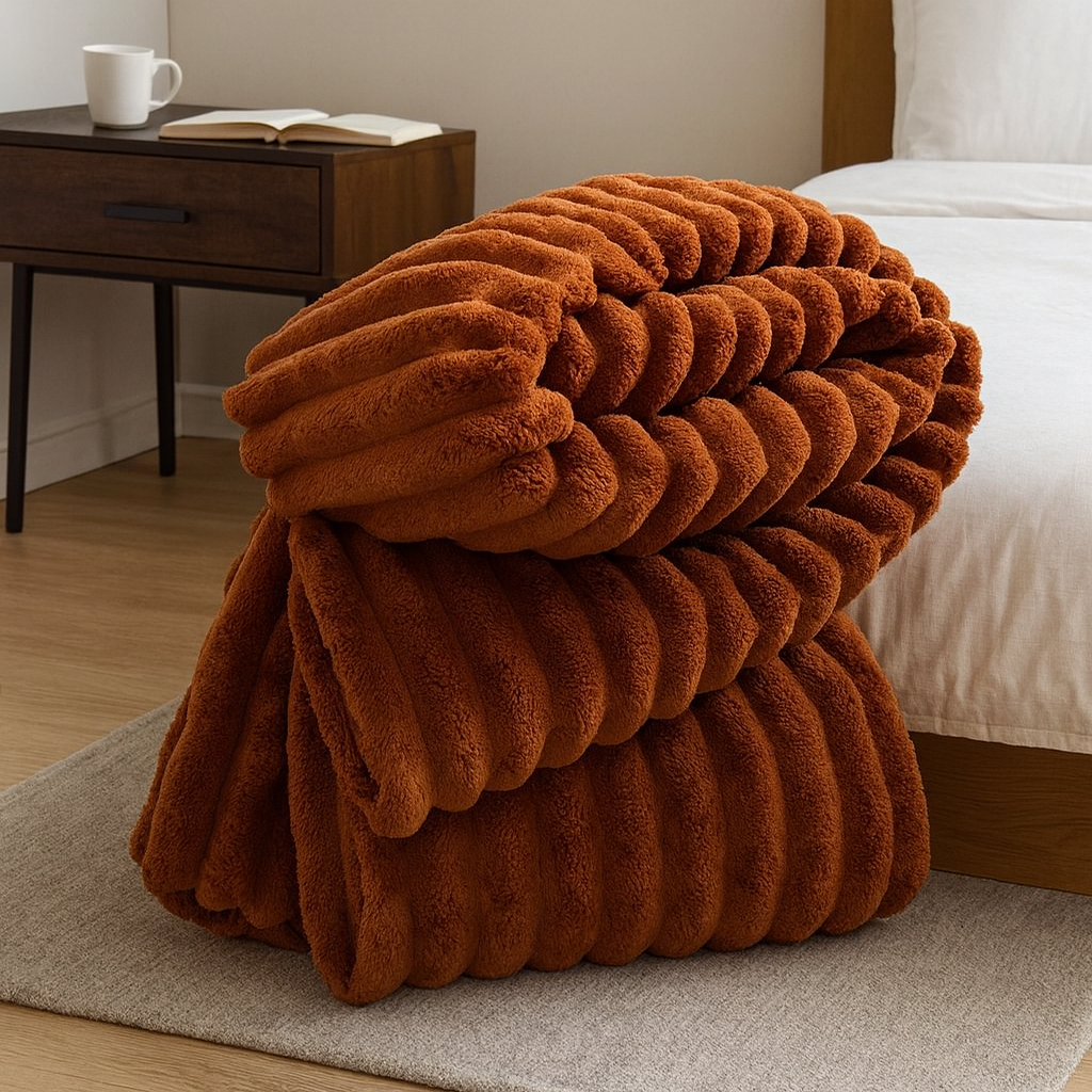 Pluszowa Narzuta – Beżowa, Prążkowana Struktura do Salonu lub Sypialni