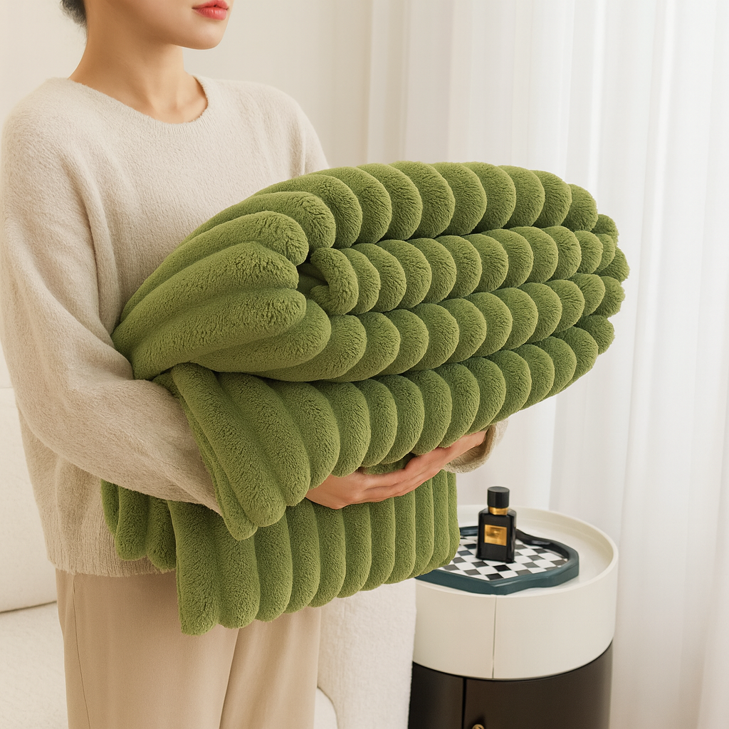 Pluszowa Narzuta – Beżowa, Prążkowana Struktura do Salonu lub Sypialni