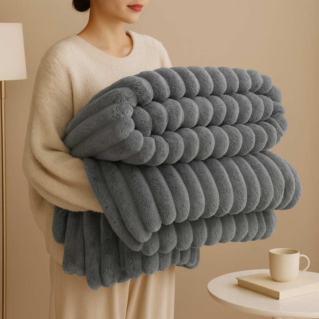 Pluszowa Narzuta – Beżowa, Prążkowana Struktura do Salonu lub Sypialni