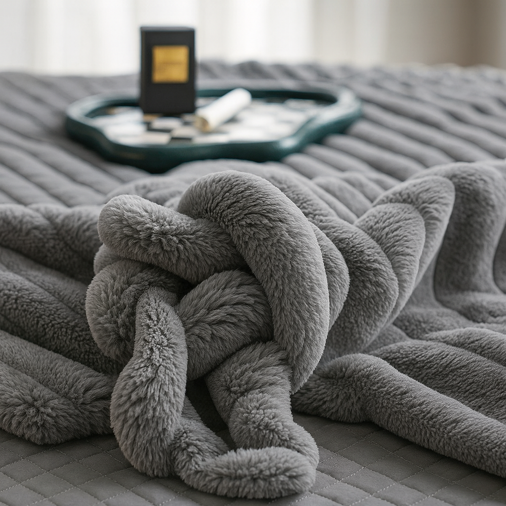 Pluszowa Narzuta – Beżowa, Prążkowana Struktura do Salonu lub Sypialni