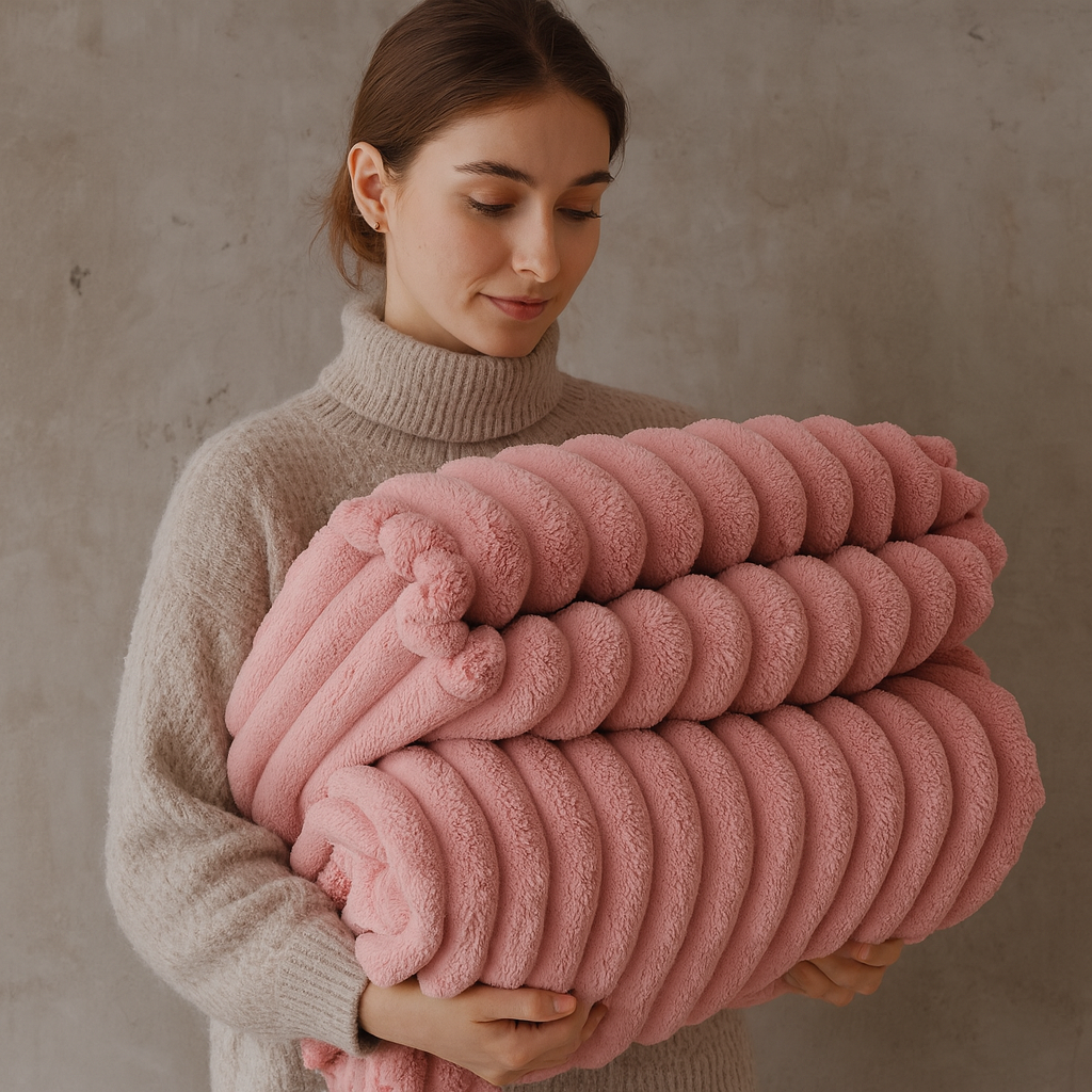 Pluszowa Narzuta – Beżowa, Prążkowana Struktura do Salonu lub Sypialni