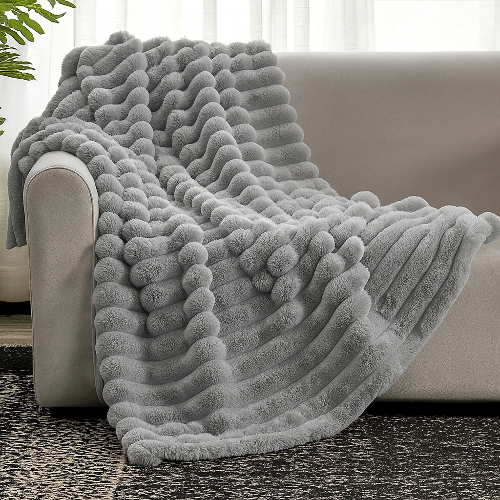 Pluszowa Narzuta – Beżowa, Prążkowana Struktura do Salonu lub Sypialni