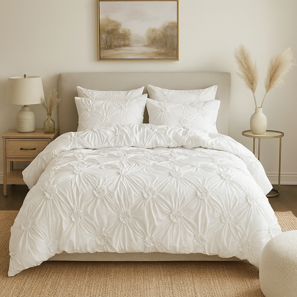 Zestaw pościeli Vriddet Blomster – Biały, Elegancki Mikrofiber do Sypialni z Poszewkami na Poduszki