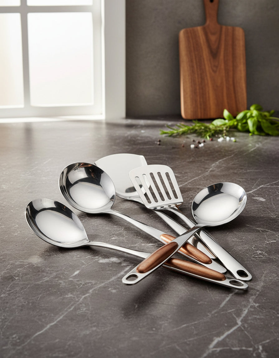 Zestaw Narzędzi Kuchennych – Stal Nierdzewna z Drewnianymi Uchwytami, Eleganckie Akcesoria Kuchenne do Gotowania i Serwowania
