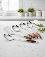 Zestaw Narzędzi Kuchennych – Stal Nierdzewna z Drewnianymi Uchwytami, Eleganckie Akcesoria Kuchenne do Gotowania i Serwowania