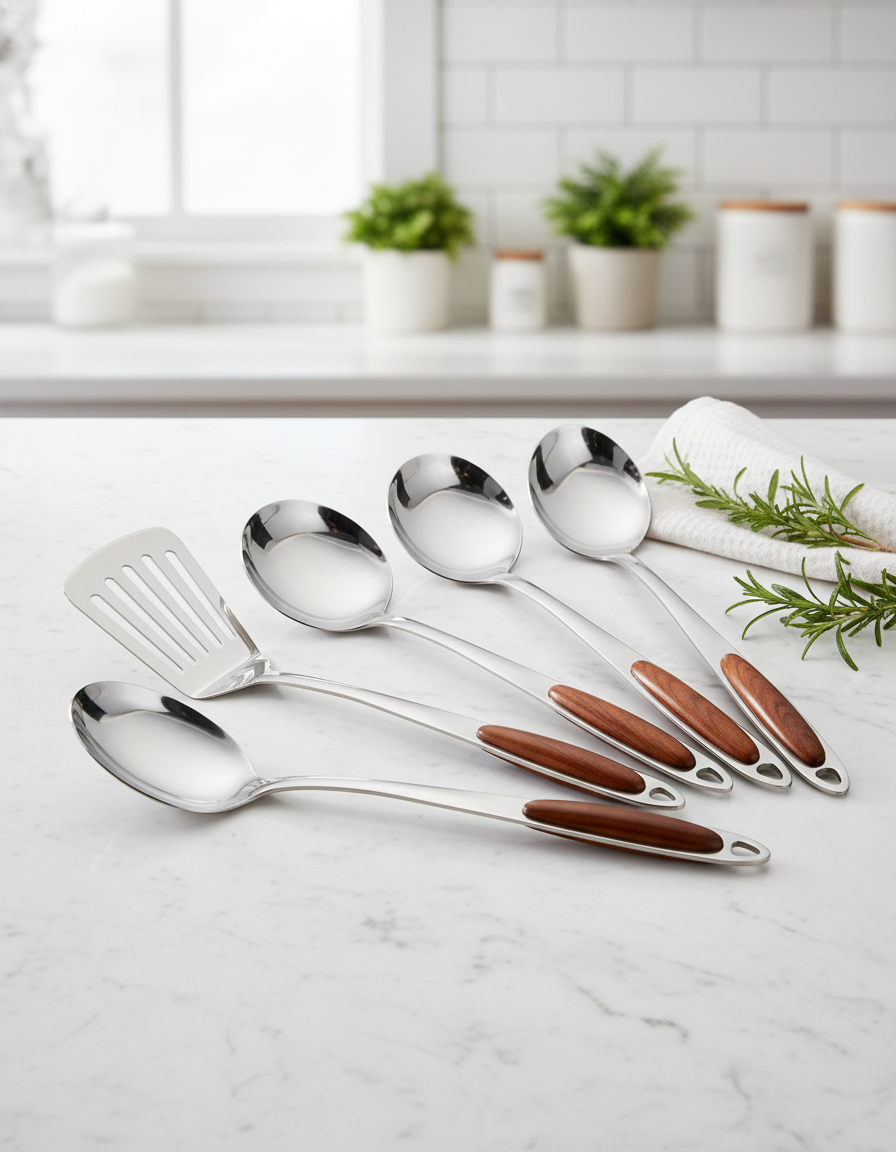 Zestaw Narzędzi Kuchennych – Stal Nierdzewna z Drewnianymi Uchwytami, Eleganckie Akcesoria Kuchenne do Gotowania i Serwowania