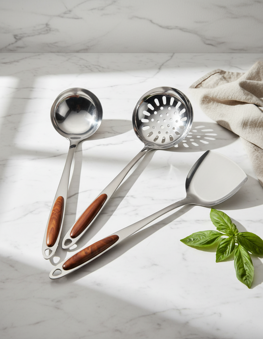 Zestaw Narzędzi Kuchennych – Stal Nierdzewna z Drewnianymi Uchwytami, Eleganckie Akcesoria Kuchenne do Gotowania i Serwowania