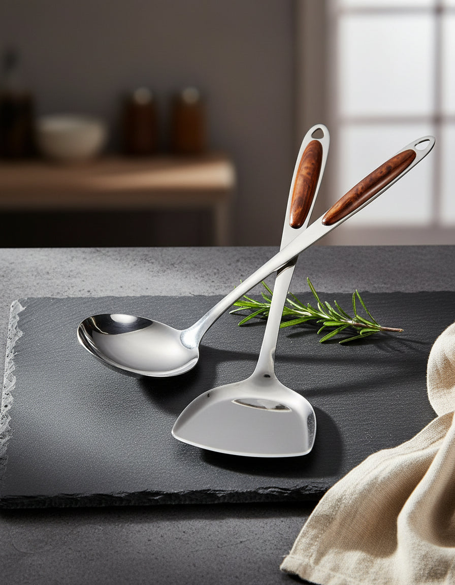 Zestaw Narzędzi Kuchennych – Stal Nierdzewna z Drewnianymi Uchwytami, Eleganckie Akcesoria Kuchenne do Gotowania i Serwowania