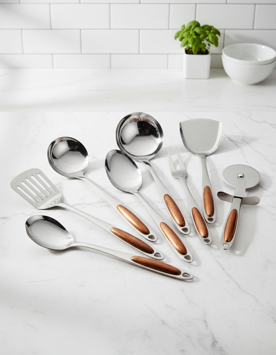 Zestaw Narzędzi Kuchennych – Stal Nierdzewna z Drewnianymi Uchwytami, Eleganckie Akcesoria Kuchenne do Gotowania i Serwowania