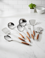 Zestaw Narzędzi Kuchennych – Stal Nierdzewna z Drewnianymi Uchwytami, Eleganckie Akcesoria Kuchenne do Gotowania i Serwowania