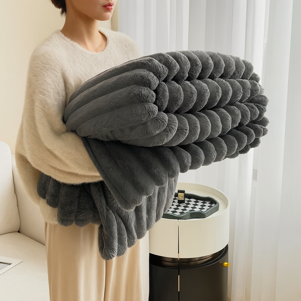 Pluszowa Narzuta – Beżowa, Prążkowana Struktura do Salonu lub Sypialni