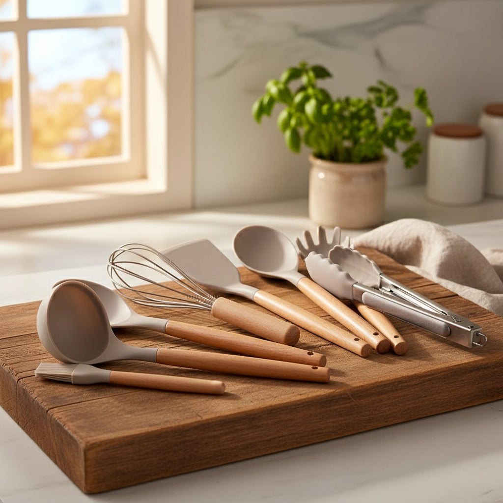 Zestaw Narzędzi Kuchennych Silikonowych – 26-elementowy, Odporny na Wysokie Temperatury z Drewnianymi Rączkami do Kuchni Domowej lub Profesjonalnych Obszarów Gotowania