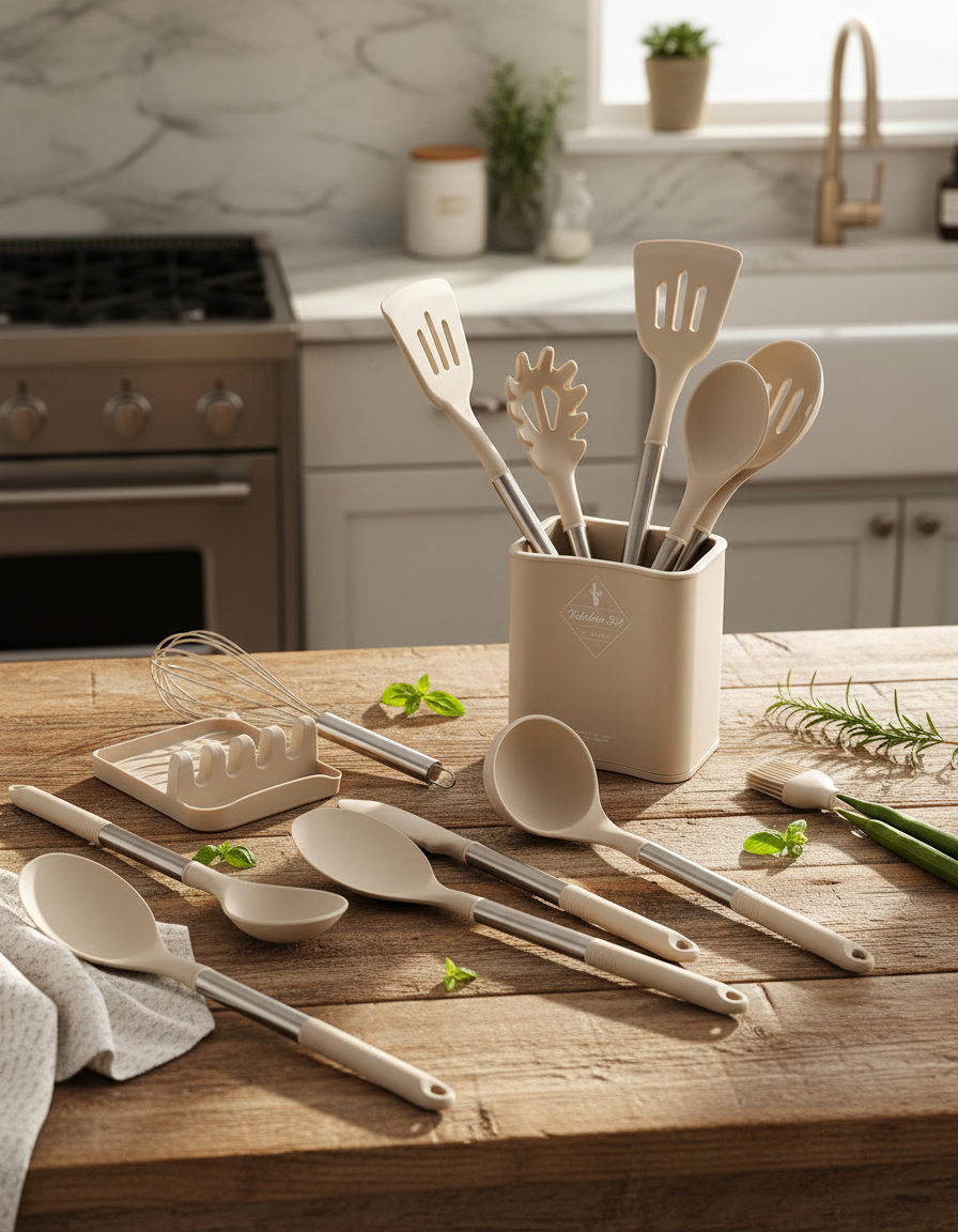 Zestaw Narzędzi Kuchennych Silikonowych – Beżowy, Nordic Design z 11 Elementami do Gotowania i Serwowania