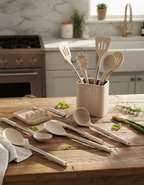 Zestaw Narzędzi Kuchennych Silikonowych – Beżowy, Nordic Design z 11 Elementami do Gotowania i Serwowania