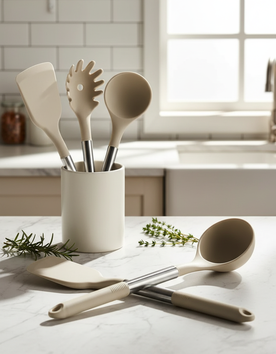 Zestaw Narzędzi Kuchennych Silikonowych – Beżowy, Nordic Design z 11 Elementami do Gotowania i Serwowania